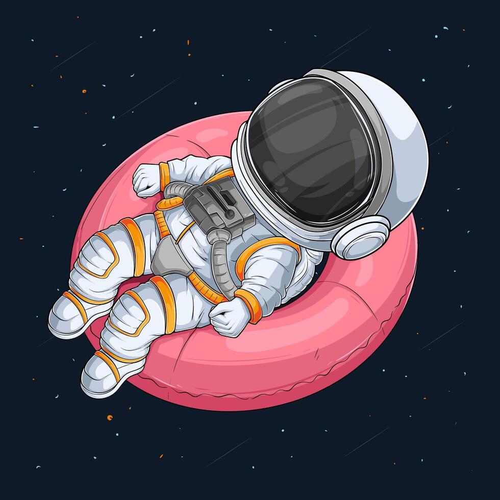 Hand drawn astronaut spaceman wearing space suit laying on a pink swimming ring in outer space vector