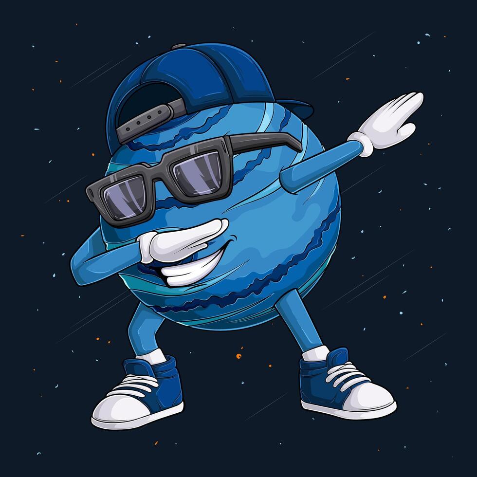 Hand drawn Neptune planet character wearing blue cap, sun glasses doing dab dance, dabbing Neptune vector
