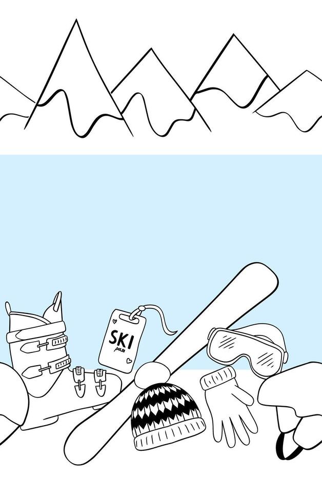 Seamless border Ski equipment and snowy mountains. Repeating pattern of skiing equipment. Horizontal winter sport template for your text. Use as banner, footer, card decor, flyer, fabric trim. vector