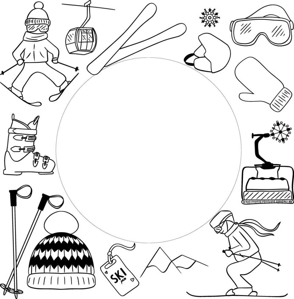 Winter sports background with ski equipment elements in circle with space for text. Winter activities frame with snowboarding, skiing equipment and other icons in graphic line art design. vector