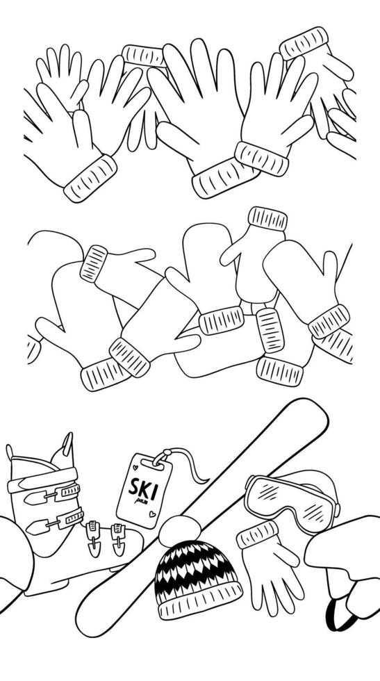 Seamless winter border with ski equipment set Skis, boots, sunglasses, hat, gloves, mitten in graphic line style. graphic line illustration on transparent background. vector