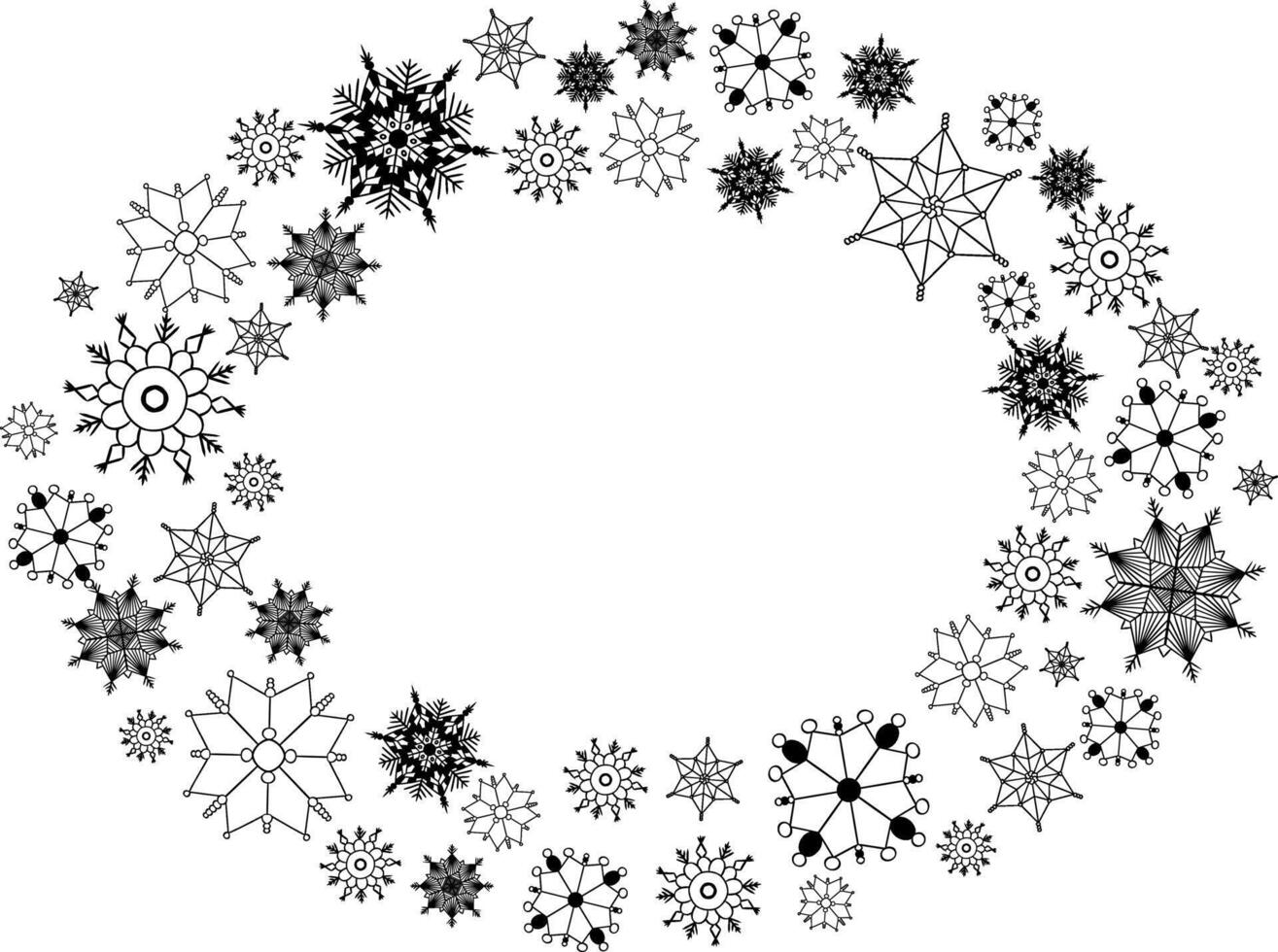 Graphic line oval frame with snowflakes isolated on white transparent background. Powder with detailed particles. Circle of snow crystals. vector