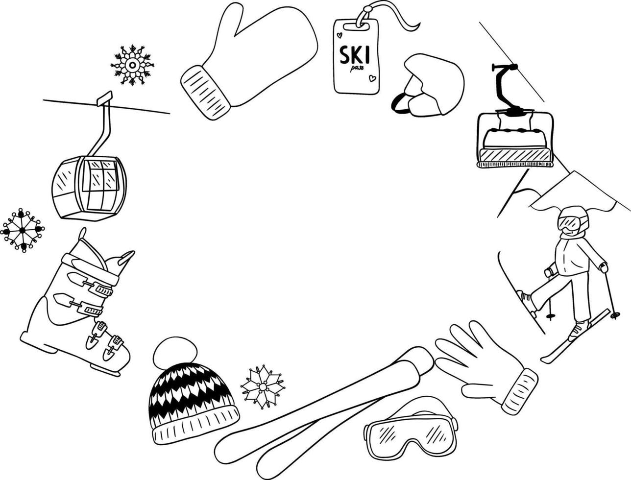ski equipment oval frame. graphic line illustration. Horizontal winter sport . Use as banner, footer, card decor, flyer, fabric trim. vector