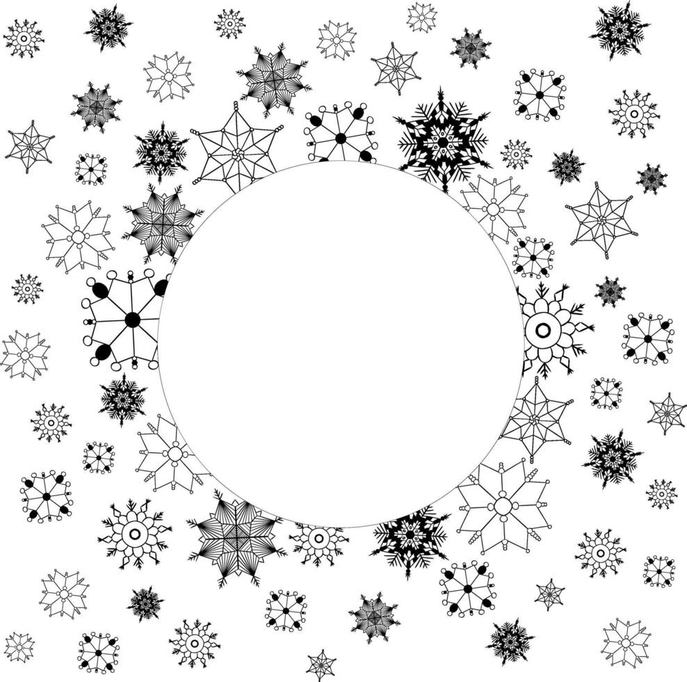 Happy New Year circle round frame with snowflakes. graphic line Merry Christmas card on white transparent background. Greeting festive illustration. Holiday modern poster vector