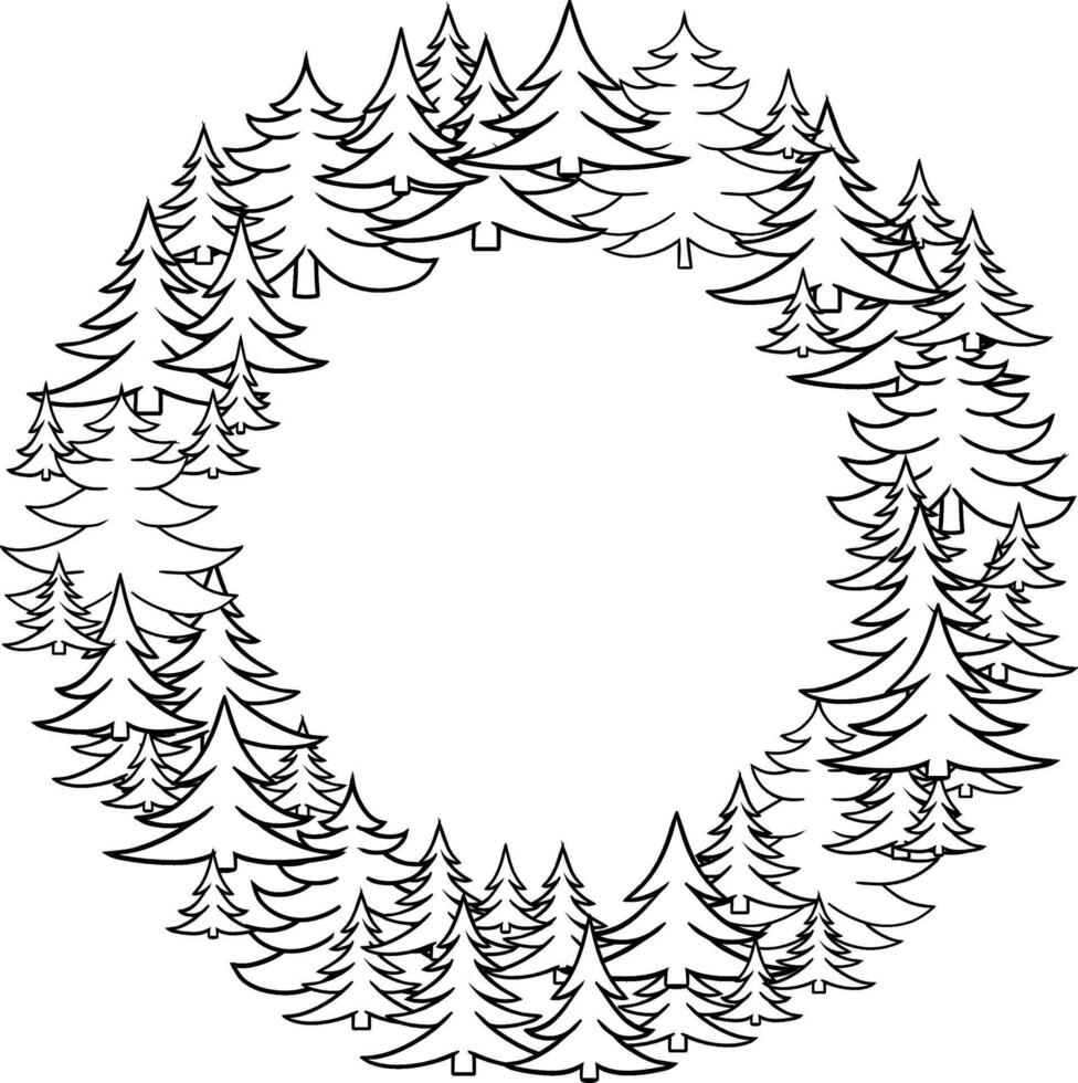 Pine tree circle round frame template in graphic line style. Nature vintage card, foliage illustration vector