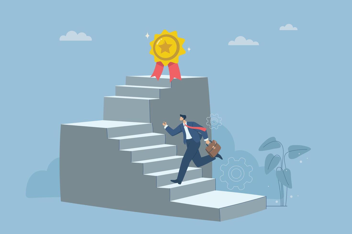 Businessman running up stairs to trophy, Ladder to business success, Career advancement or growth, Inspiration and ambition to achieve success, Flat design illustration. vector