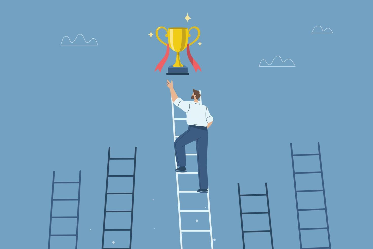Businessman chooses to climb a high ladder and reach out to grab a trophy, Ladder to success, Inspiration and ambition to achieve success, Different creative idea concepts, Flat illustration. vector
