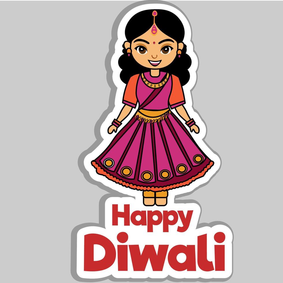 Sticker Style Happy Diwali Text with Beautiful Indian Girl Character in Traditional Dress on Grey Background. vector