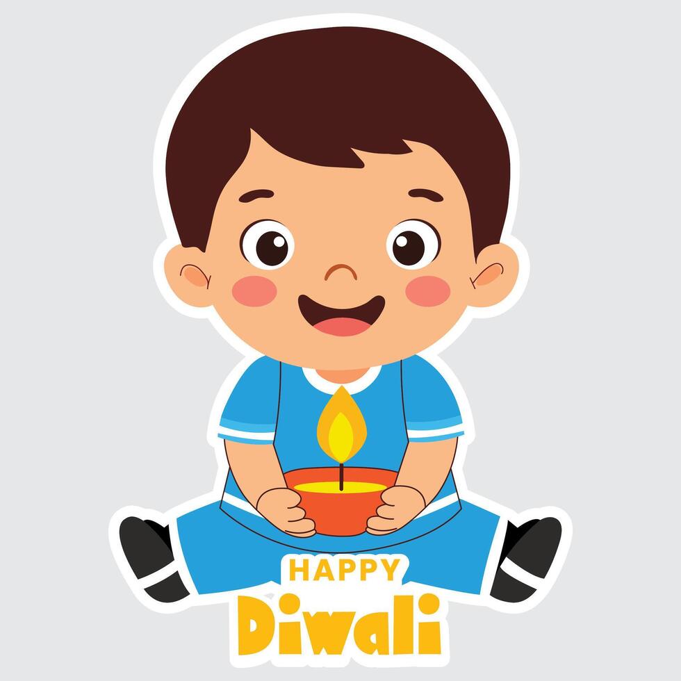 Sticker Style Happy Diwali Text with Cute Indian Boy Character Holding Lit Oil Lamp Diya in Sitting Pose on Grey Background. vector