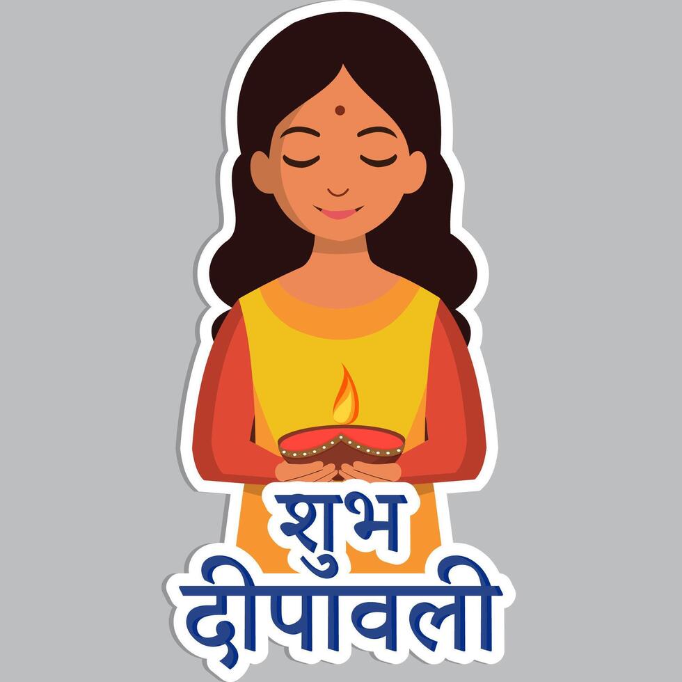 Sticker Style Hindi Text of Happy Diwali and Indian Girl Character Holding Illuminated Oil Lamp Diya on Grey Background. vector