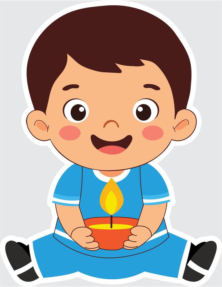 Cheerful Indian Boy Character Holding Illuminated Diwali Diya Element in Sticker Style. vector