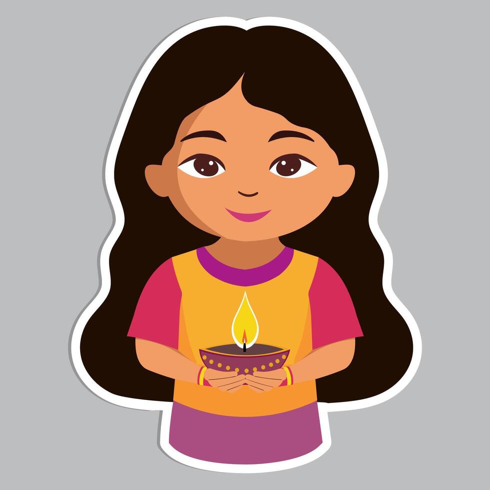 Cheerful Indian Girl Character Holding Illuminated Diwali Diya in Sticker Style on Grey Background. vector