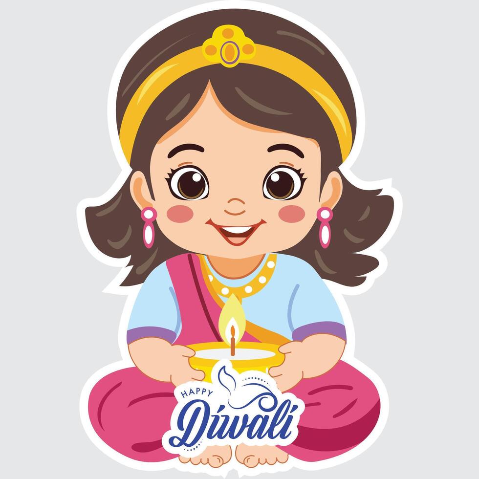 Sticker Style Happy Diwali Text with Cute Indian Girl Character Holding Illuminated Oil Lamp Diya on Grey Background. vector