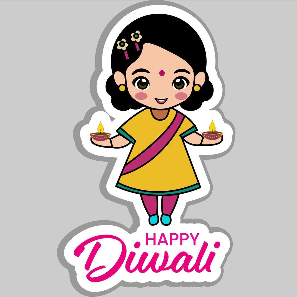Sticker Style Happy Diwali Text with Indian Girl Character Holding Illuminated Oil Lamps Diya on Grey Background. vector