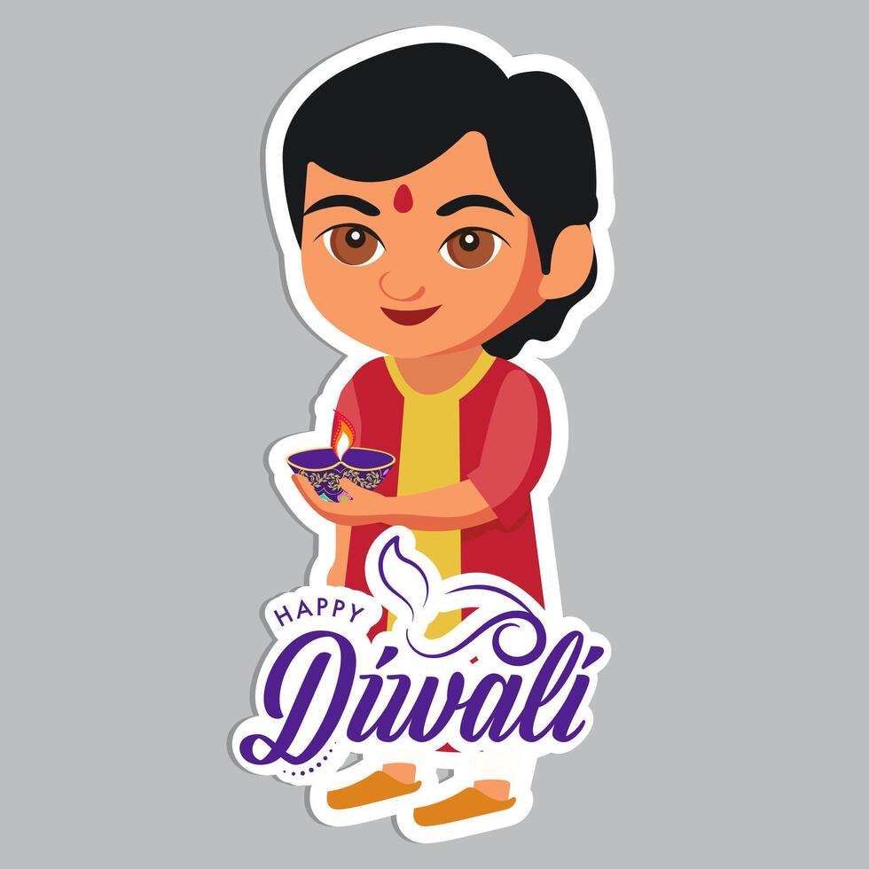 Sticker Style Happy Diwali Text with Indian Boy Character Holding Illuminated Oil Lamp on Grey Background. vector