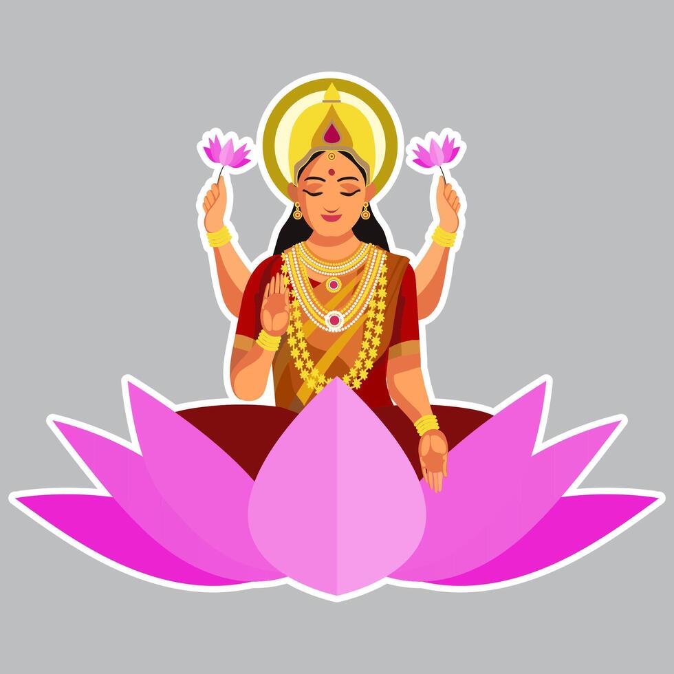 Sticker Style Indian Goddess Lakshmi Maa Sitting on Lotus Flower on Grey Background. vector
