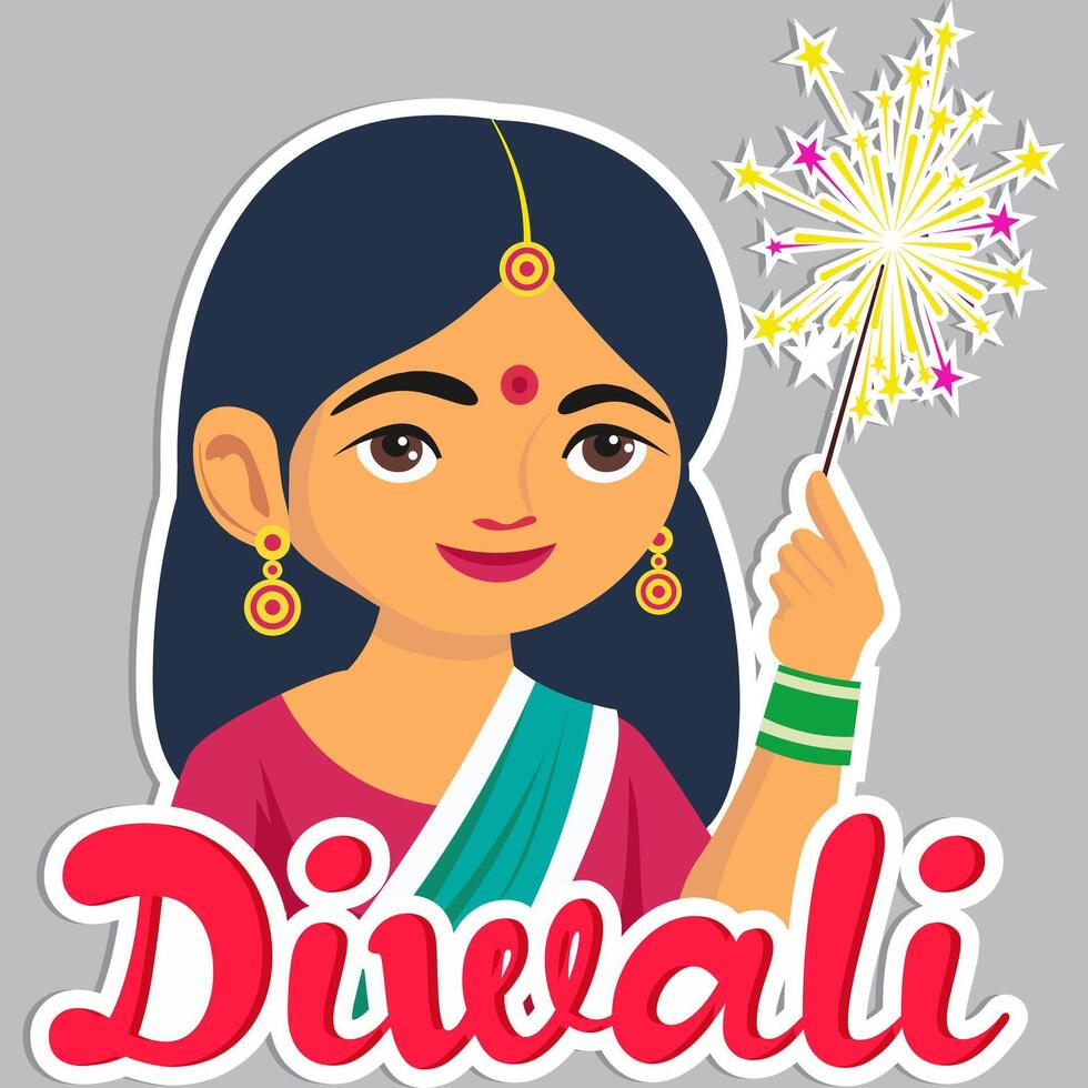 Sticker Style Indian Woman Character Celebrating Diwali with Sparkling Stick on Grey Background. vector