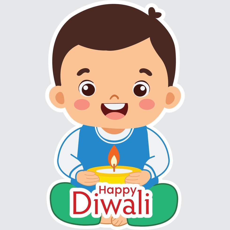 Sticker Style Happy Diwali Text with Cute Indian Character Holding Illuminated Oil Lamp Diya on Grey Background. vector