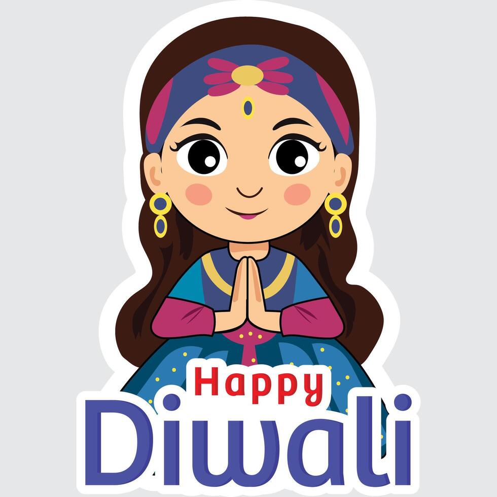 Sticker Style Happy Diwali Text with Indian Girl Character Doing Namaste on Grey Background. vector