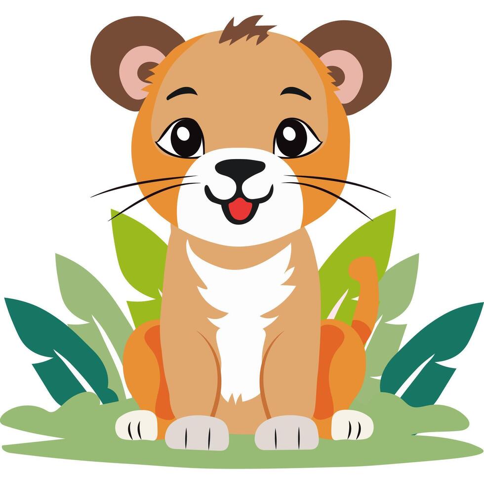 Cute Cartoon Lion Cub Character Sitting on Nature Background. vector