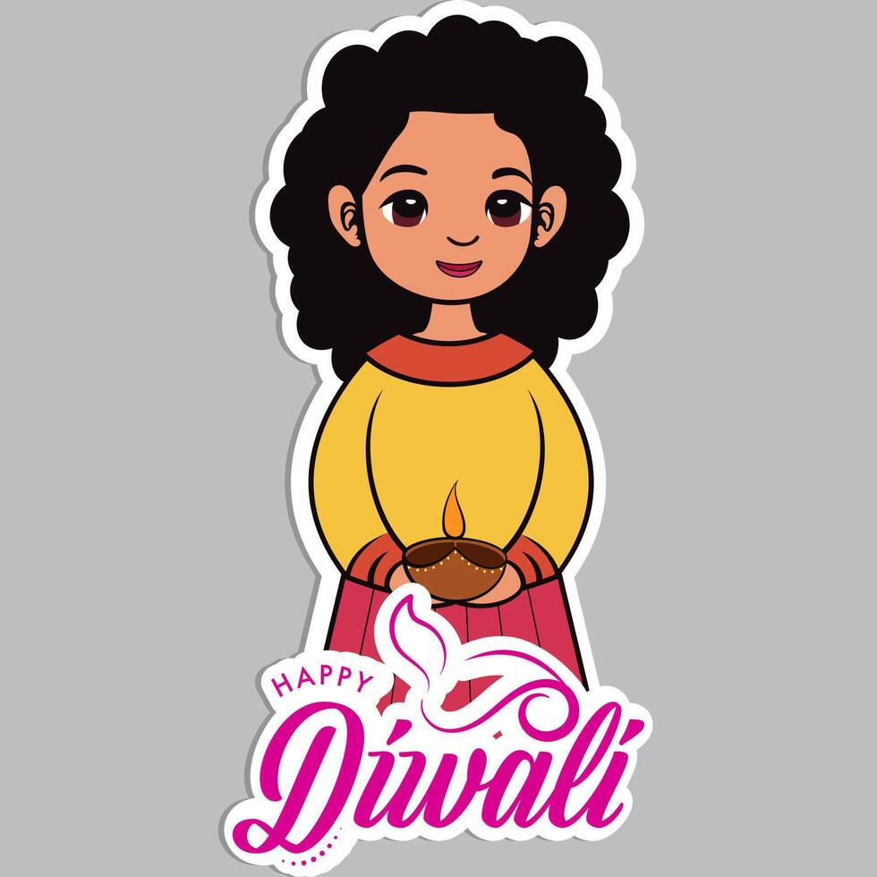 Sticker Style Happy Diwali Text with Cute Indian Girl Character Holding Illuminated Oil Lamps Diya on Grey Background. vector
