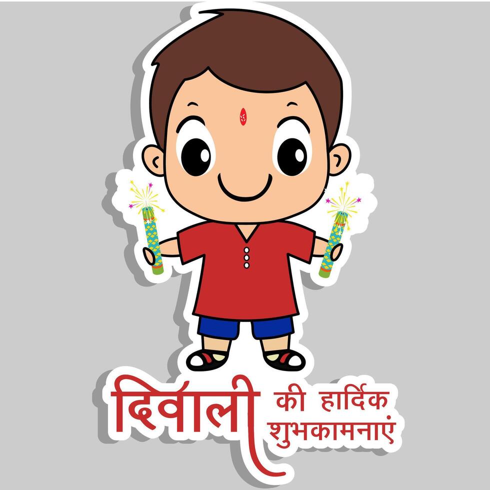 Sticker Style Hindi Text of Happy Diwali with Indian Boy Character Holding Firecrackers on Grey Background. vector