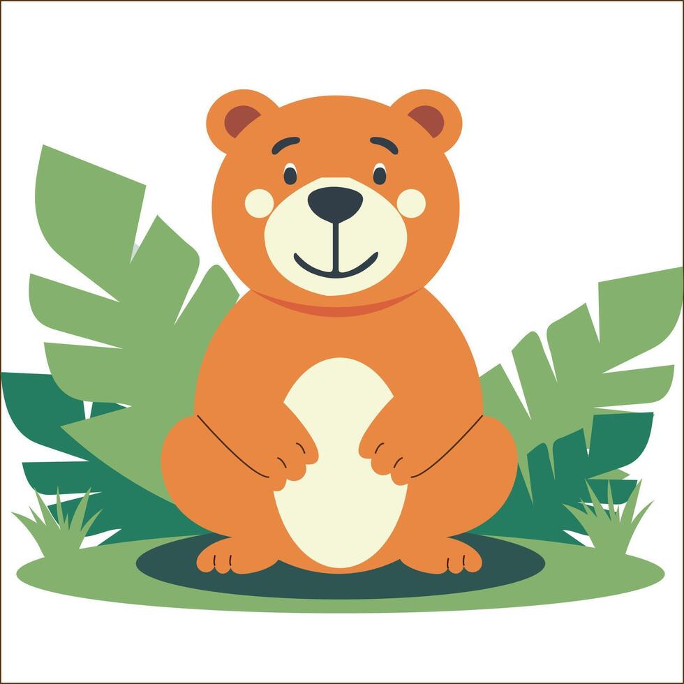 Cute Cartoon Bear Character Sitting on Nature Background. vector