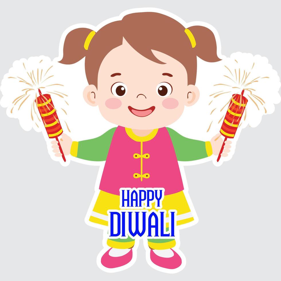 Sticker Style Happy Diwali Text with Cute Indian Girl Character Holding Fireworks Rockets in Standing Pose on Grey Background. vector