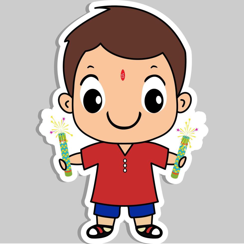 Sticker Style Indian Boy Character Celebrating Diwali with Firecrackers on Grey Background. vector