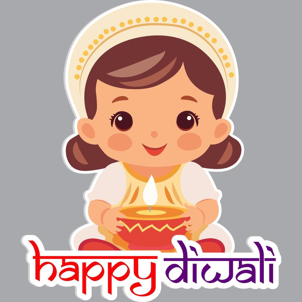 Sticker Style Happy Diwali Text with Cute Indian Girl Character Holding Illuminated Oil Lamp Diya on Grey Background. vector