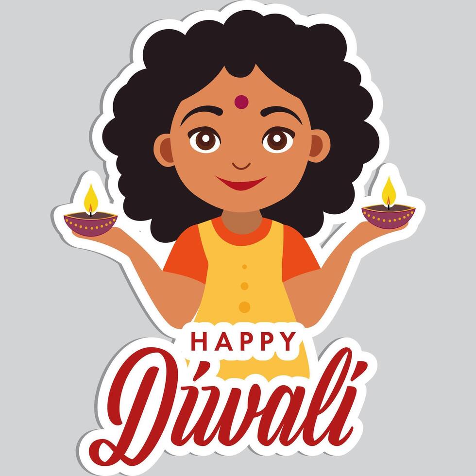 Sticker Style Happy Diwali Text with Indian Girl Character Holding Illuminated Oil Lamps Diya on Grey Background. vector