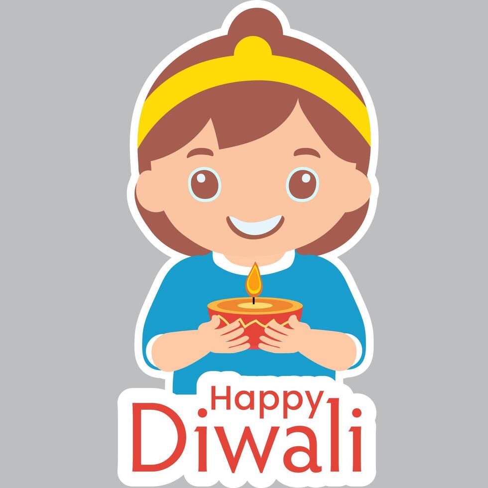 Sticker Style Happy Diwali Text with Cute Indian Girl Character Holding Illuminated Oil Lamp on Grey Background. vector