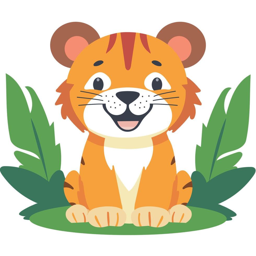 Cute Cartoon Tiger Cub Character Sitting on Nature Background. vector