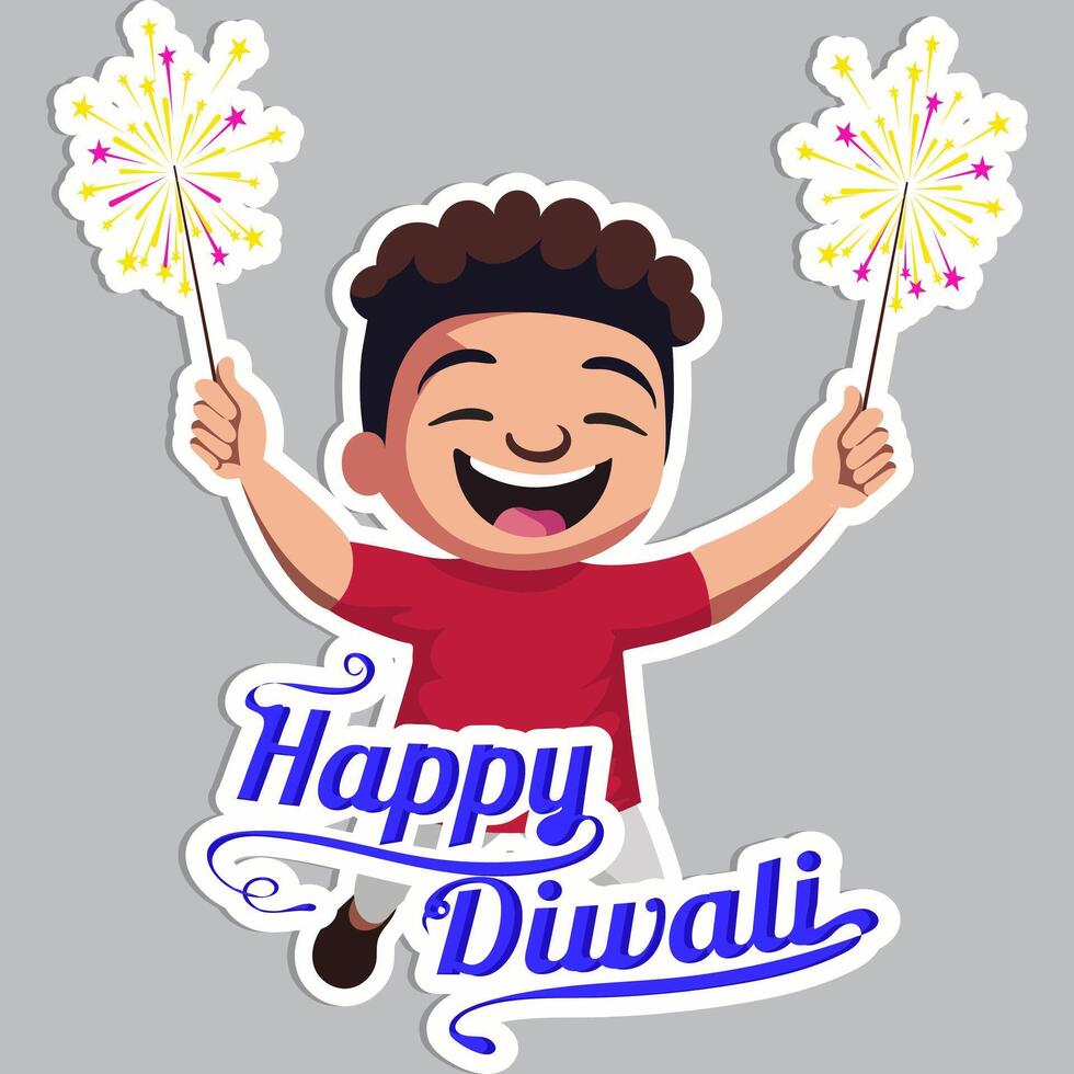 Sticker Style Happy Diwali Text with Cheerful Indian Boy Character Holding Sparkling Sticks on Grey Background. vector