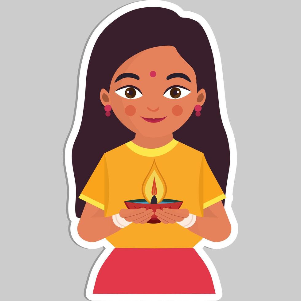 Sticker Style Indian Girl Character Holding Illuminated Oil Lamp Diwali Diya on Grey Background. vector