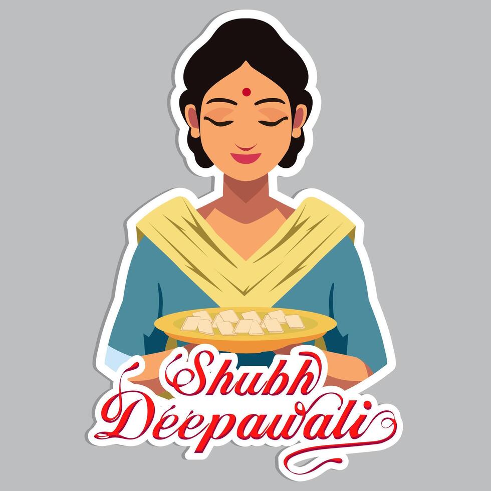 Sticker Style Shubh Deepawali Text with Indian Woman Character Holding Sweet Plate on Grey Background. vector