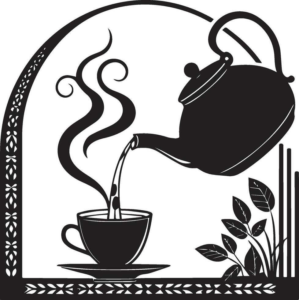 Silhouette of a teapot pouring hot liquid into a teacup vector