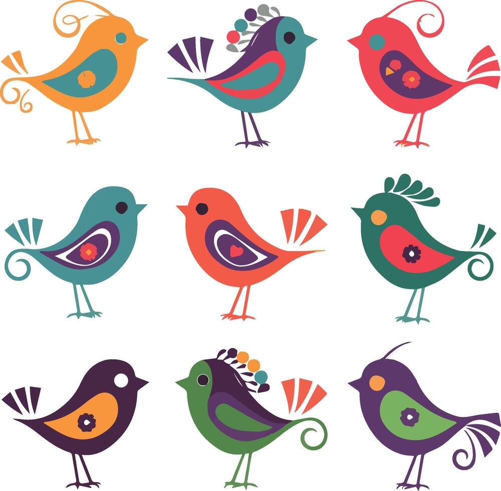 Nine colorful stylized bird silhouettes vector