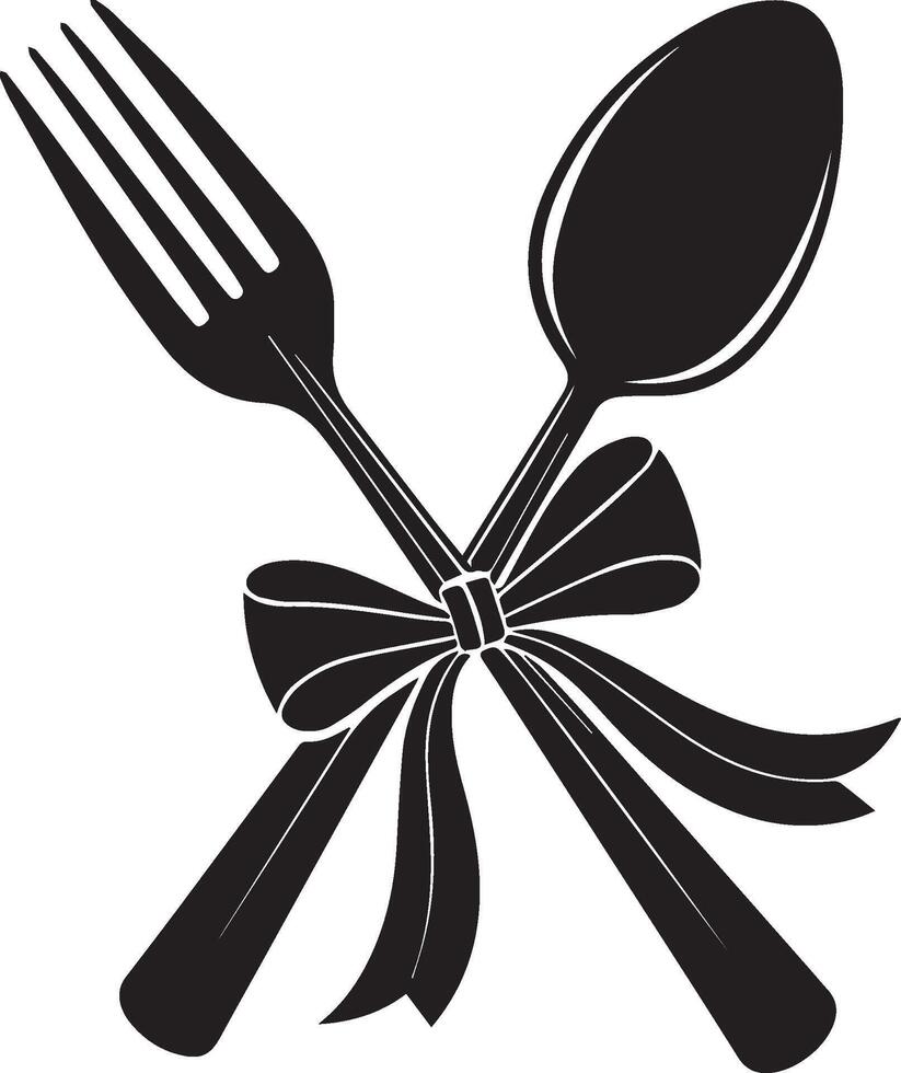 silhouette of a fork and spoon tied together with a ribbon bow vector