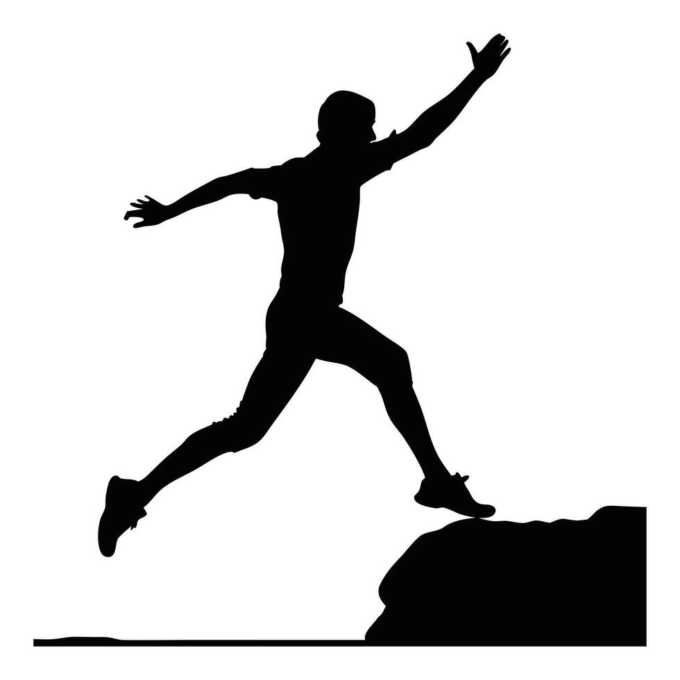 Runner Silhouette Front. A sleek silhouette of a runner leaping from a rock vector