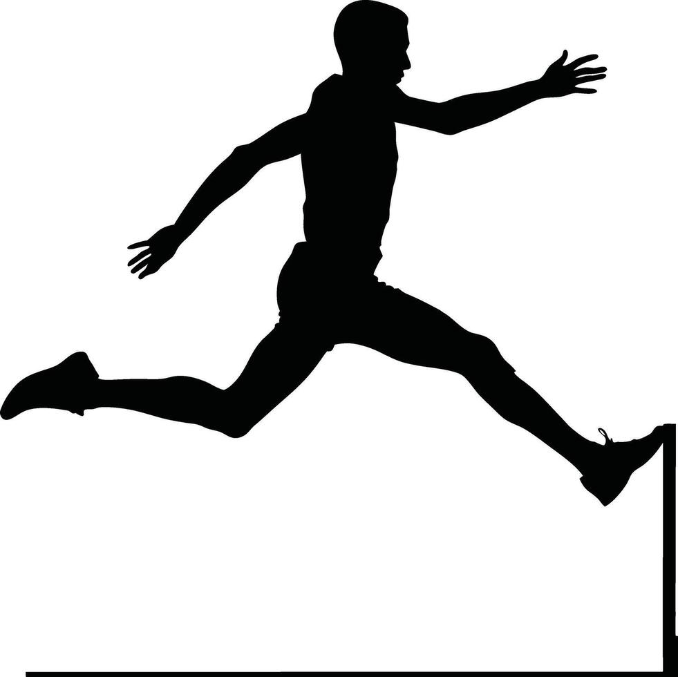 Runner Silhouette Front. A sleek silhouette of a runner leaping forward as if jumping over an obstacle, legs stretched vector