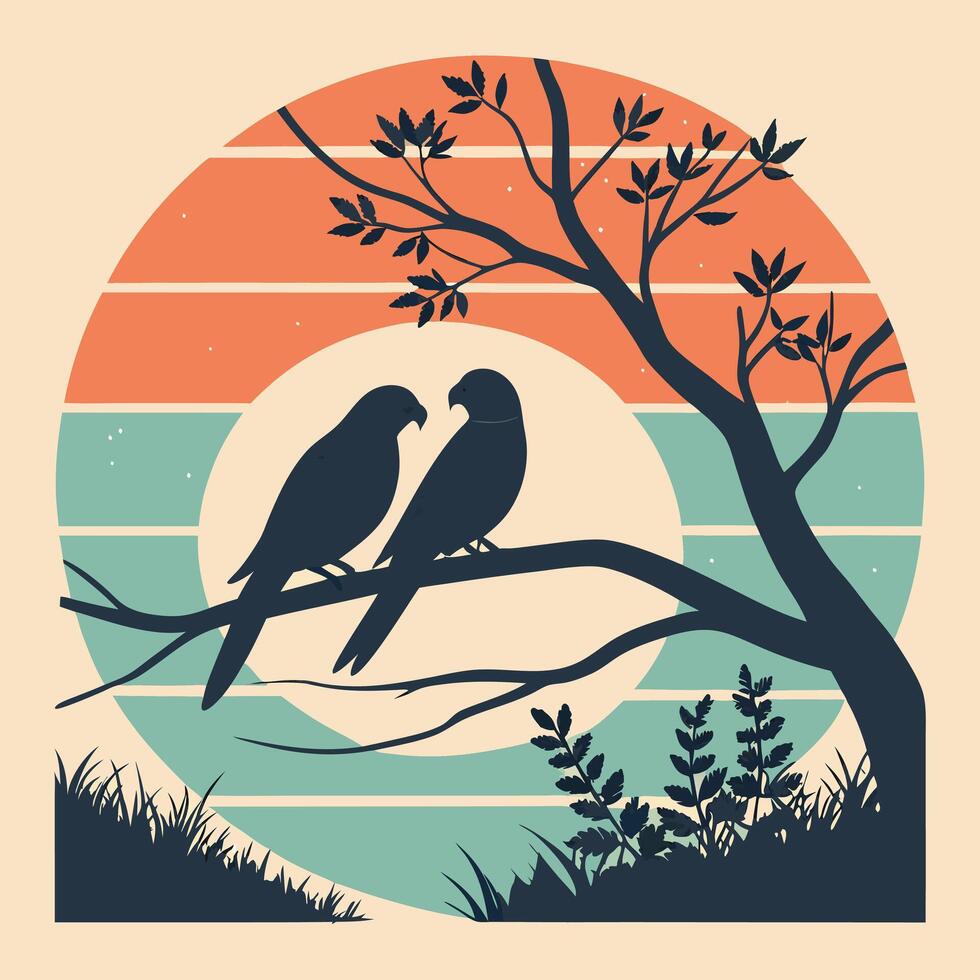 two birds sitting on a tree branch with sunset in the background vector