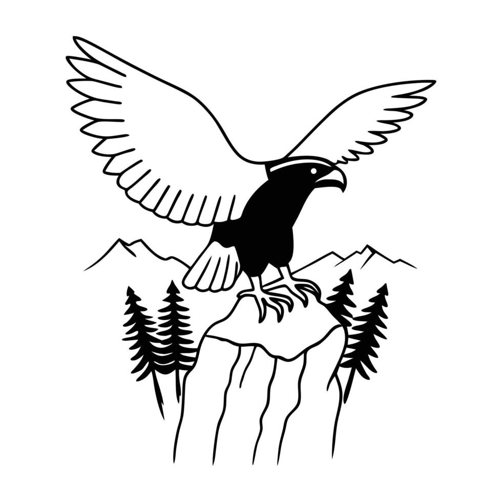 an eagle is flying over a mountain and trees vector