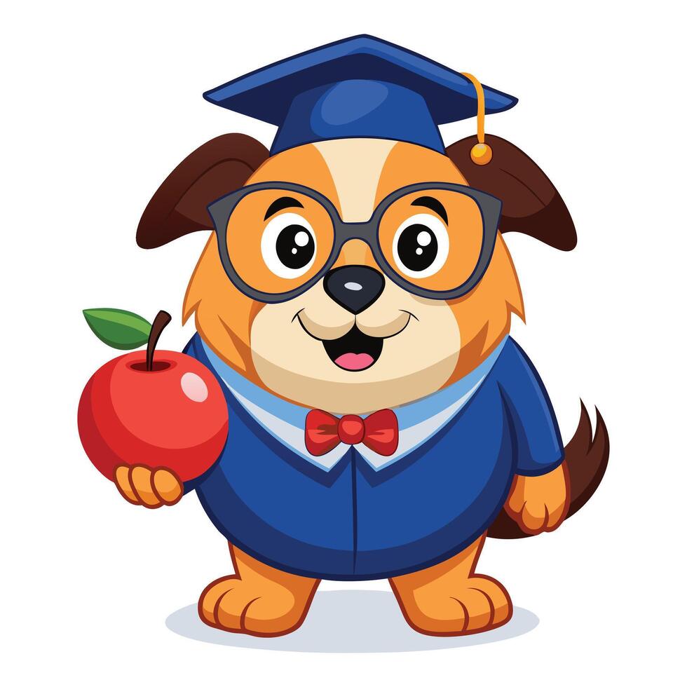 a cartoon dog wearing a graduation cap and gown holding an apple vector