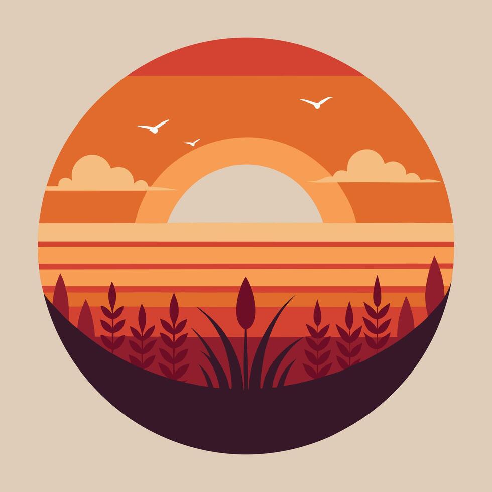 a sunset with birds and grass in the background vector