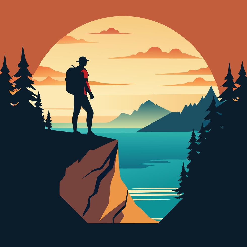 a man with a backpack standing on a cliff overlooking the ocean vector