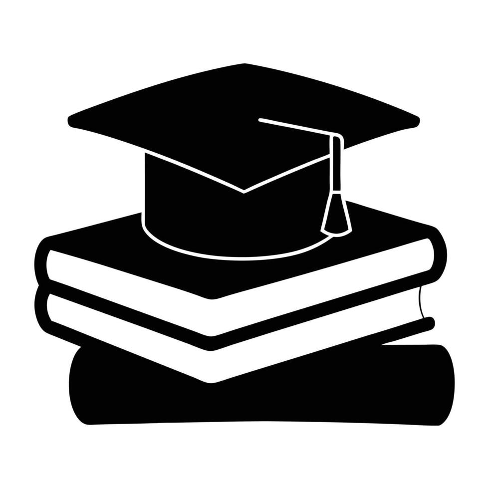 black graduation cap and books icon on white background vector