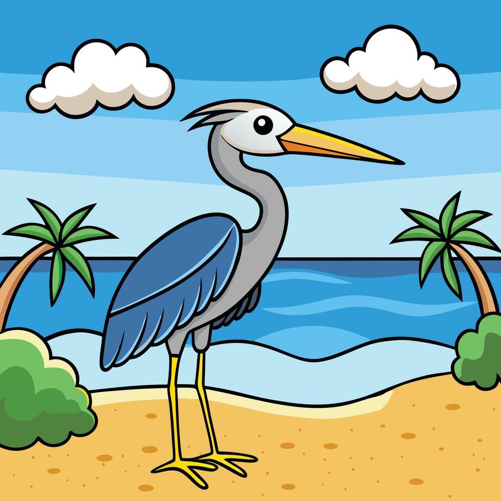 a cartoon bird standing on the beach with palm trees vector