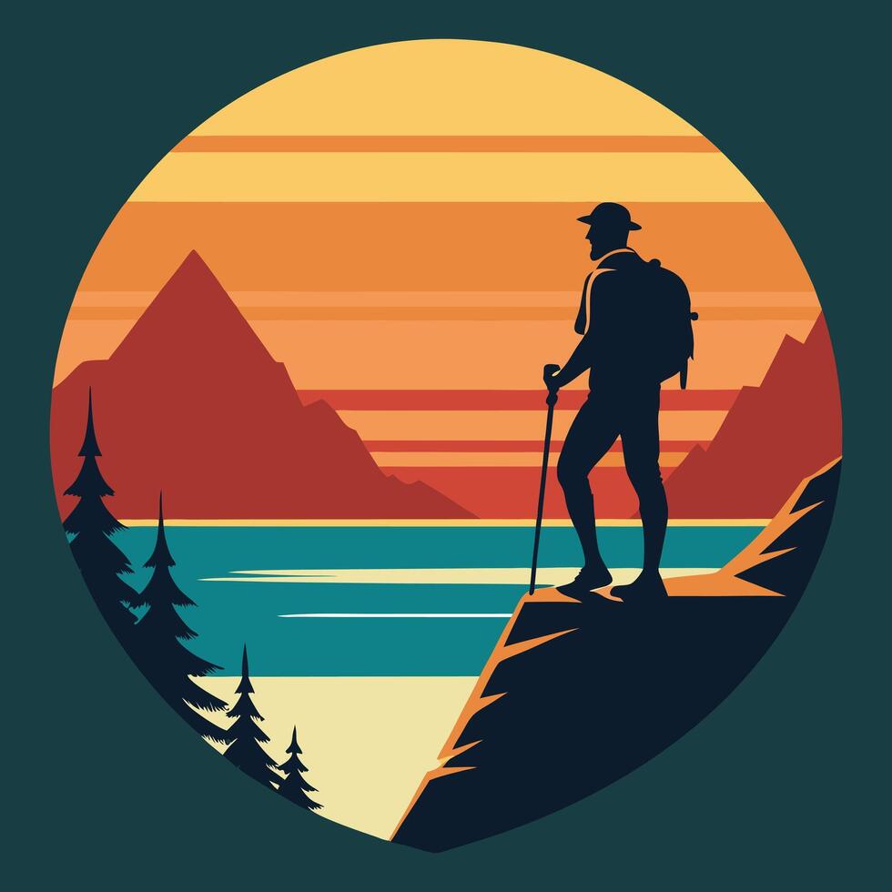 a man with a backpack standing on a cliff overlooking the ocean and mountains vector