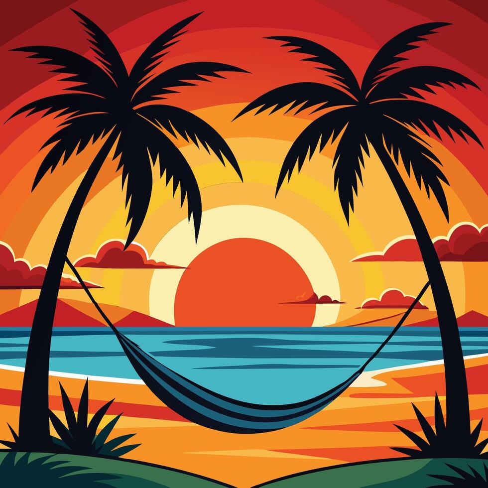 a cartoon illustration of palm trees and a hammock on the beach vector